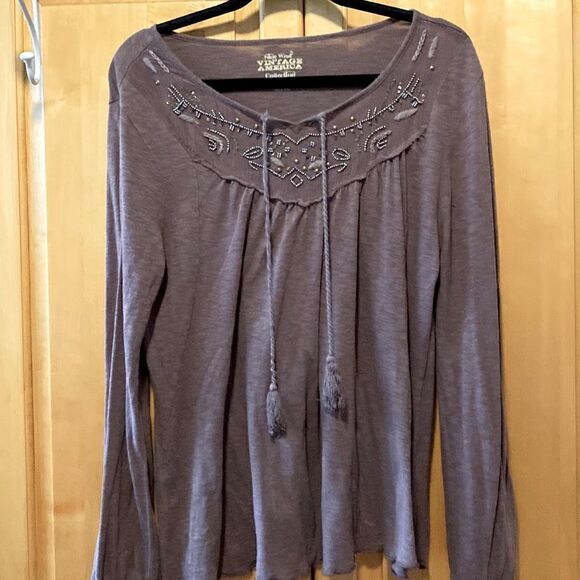 Nine West Tops - Nine West Vintage America long sleeve dark taupe lightweight boho shirt size M